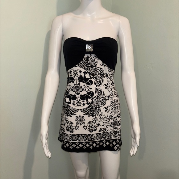 Gitano Y2K Black and White Strapless Floral Tube Top with Rhinestone - L - Picture 1 of 4